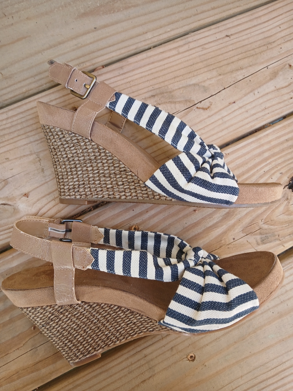 Striped Navy & Tan Wedge Sandals - Women's Summer Espadrilles